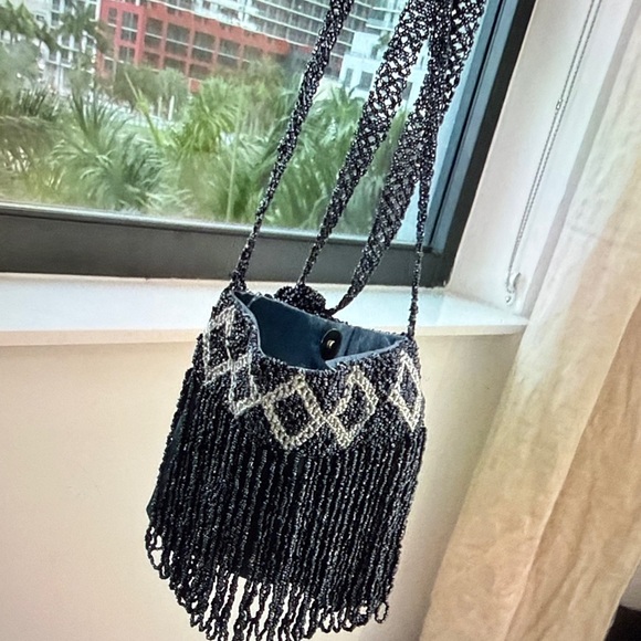 Anthropologie Black and White Beaded Crossbody Bag - Picture 2 of 4